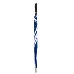Blue and white striped compact umbrella with black handle.