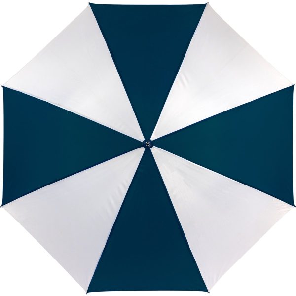 Blue and white striped umbrella for weather protection.