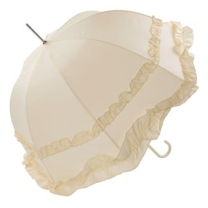 Elegant cream wedding umbrella with ruffled frills and a curved handle.