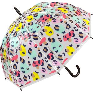 Vibrant animal print dome umbrella with multicolour spots and a curved handle.