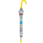 Kids umbrella with jungle animal print and yellow handle.