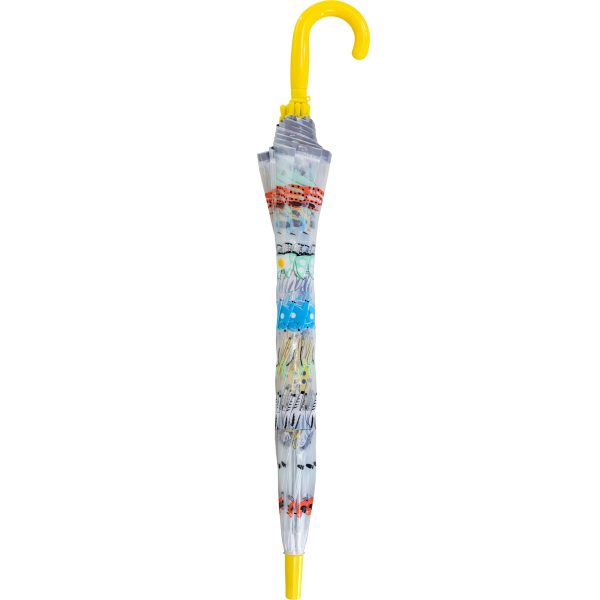 Kids umbrella with jungle animal print and yellow handle.