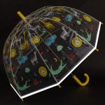 Kids jungle animal print dome umbrella with yellow handle and clear canopy.