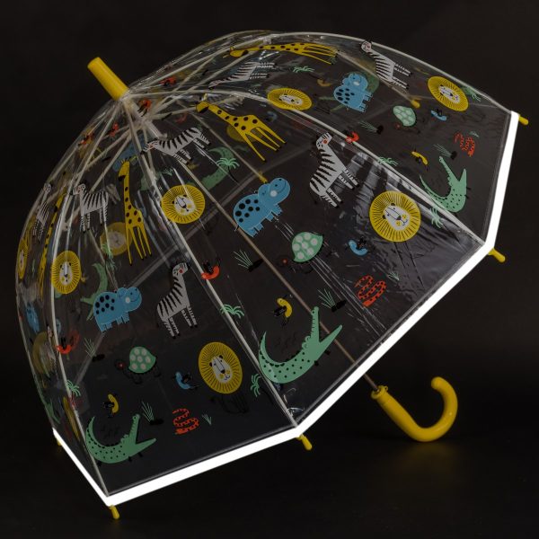 Kids jungle animal print dome umbrella with yellow handle and clear canopy.