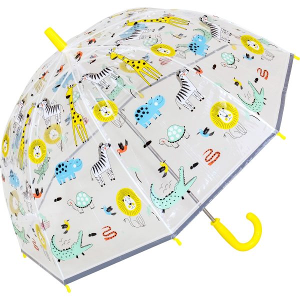 Kids umbrella with jungle animal print, colourful and fun design for children.