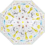Kids jungle animal print umbrella with giraffes, zebras, and lions.