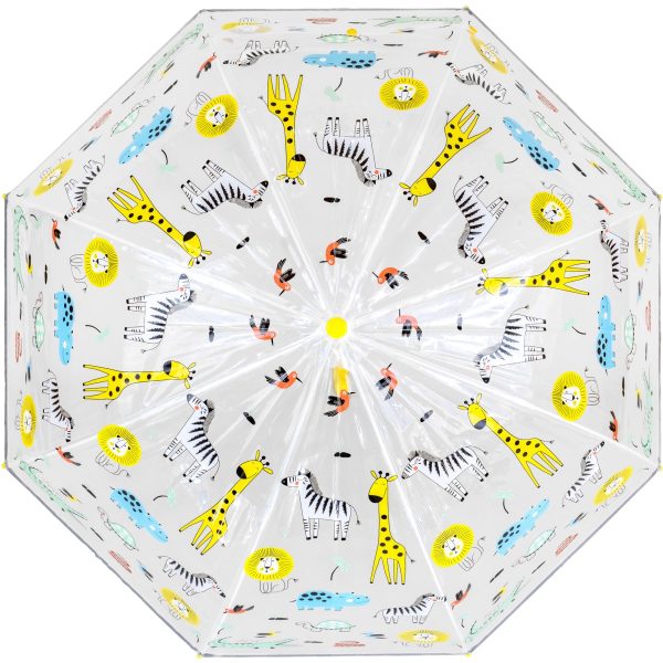 Kids jungle animal print umbrella with giraffes, zebras, and lions.