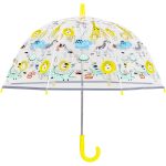 Kids jungle animal print umbrella with yellow handle and transparent canopy.