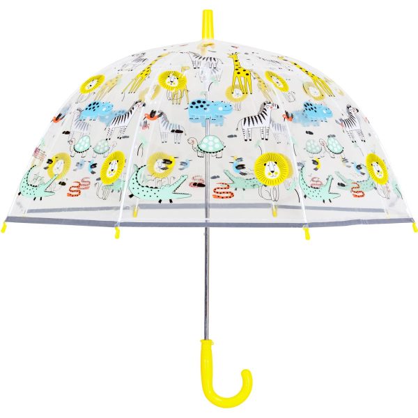Kids jungle animal print umbrella with yellow handle and transparent canopy.