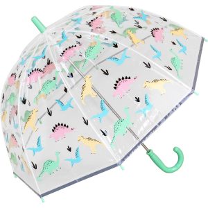 Kids umbrella with pastel dinosaur pattern, dome shape, and curved handle.