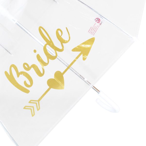 Clear umbrella with gold 'Bride' text and arrow design for wedding accessories.