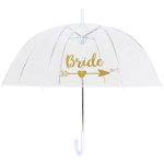 Clear umbrella with gold 'Bride' text and arrow design for weddings.