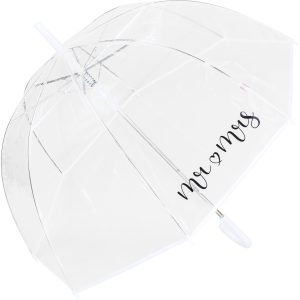 Clear dome umbrella with 'mr & mrs' text for wedding or gift use.