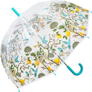 Clear dome umbrella with lemon and bird pattern for UK weather.
