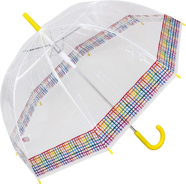 Clear dome umbrella with colourful check border and yellow handle.