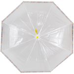 Clear dome umbrella with colourful check border for rain protection.