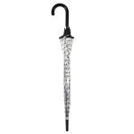 Clear umbrella with black polka dots and black handle.