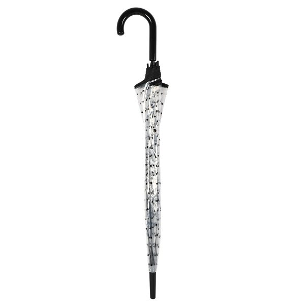 Clear umbrella with black polka dots and black handle.