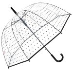 Clear dome umbrella with black polka dots and black handle for stylish protection.