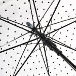 White umbrella with black polka dots, open and viewed from below.
