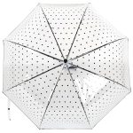White umbrella with black polka dots, compact and stylish for rain protection.