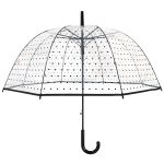 Polka dot dome umbrella with clear canopy and black handle.
