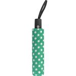 Green compact umbrella with white polka dots and wrist strap.