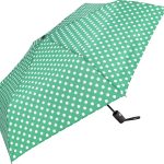 Green polka dot automatic umbrella with black handle.