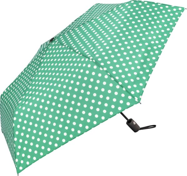 Green polka dot automatic umbrella with black handle.