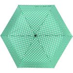 Polka dot umbrella with green background and white dots, automatic opening feature.