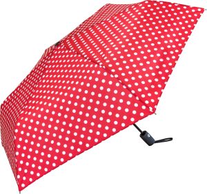 Red polka dot automatic umbrella for rain protection.