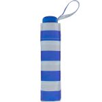 Striped umbrella cover with a blue handle and loop for easy carrying.