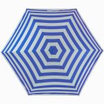Blue and white striped umbrella for rain protection.