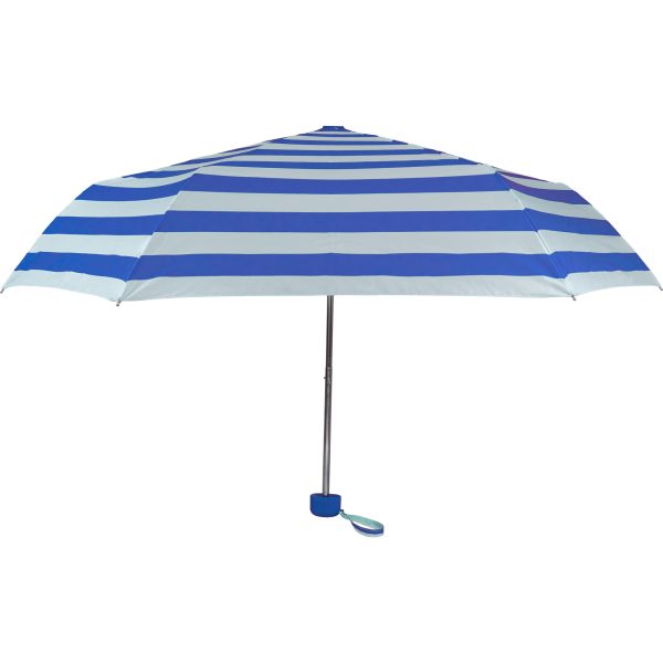 Blue and white striped lightweight umbrella for sun and rain protection.