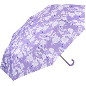 Purple floral umbrella with curved handle for rain protection.