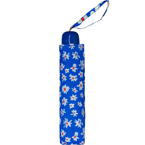 Blue floral print umbrella cover with wrist strap for easy carrying.