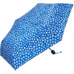 Blue umbrella with white and red daisy floral pattern for UK weather.