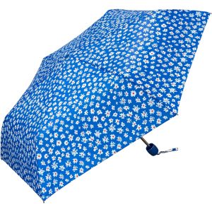 Blue umbrella with white and red daisy floral pattern for UK weather.