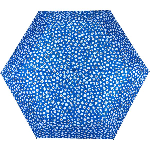 Blue umbrella with white floral pattern for UK weather protection.