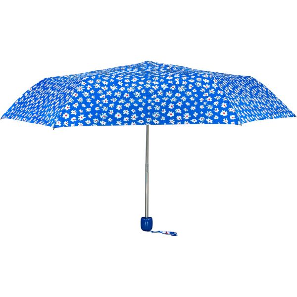 Blue floral print umbrella with a silver handle and matching wrist strap.