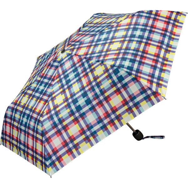Colourful tartan print umbrella with compact design for rain protection.