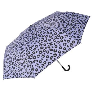 Leopard print umbrella with black handle for stylish rain protection.