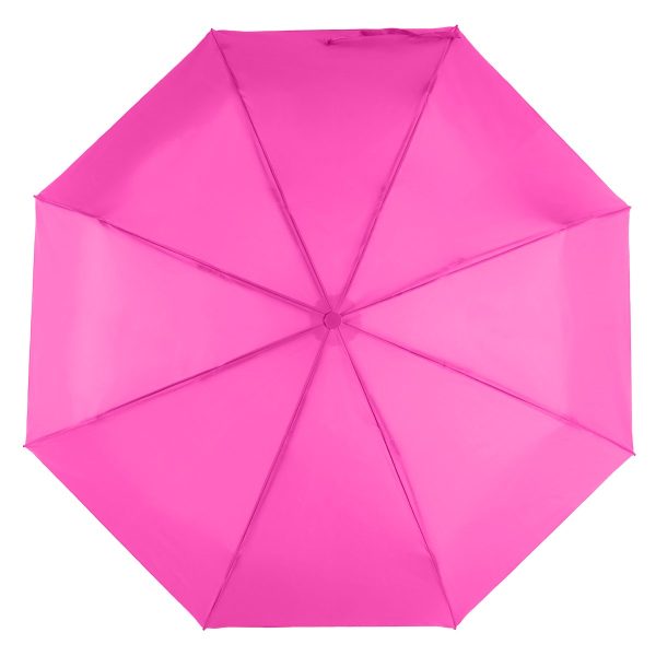 Bright pink children's umbrella with eight panels and a compact design.