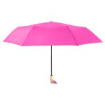 Bright pink umbrella with wooden handle for rain protection.