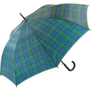 Blackwatch tartan walking umbrella with curved handle and open canopy.