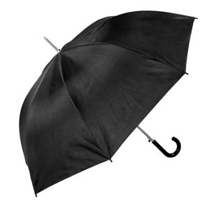 Black walking umbrella with curved handle for rain protection.