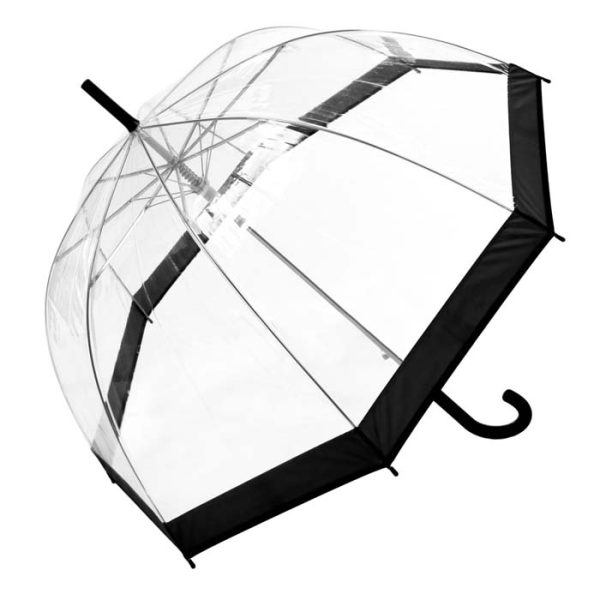 Clear dome umbrella with black border and handle, transparent design for rain protection.