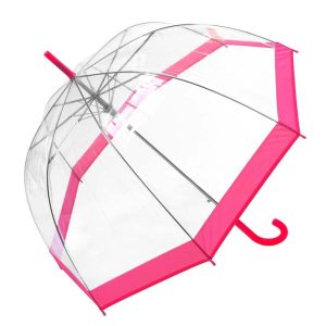 Clear dome umbrella with pink border and handle, compact and stylish design.