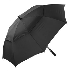 Black wind-resistant golf umbrella with automatic opening mechanism.