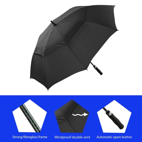 Black windproof golf umbrella with fibreglass frame and automatic open button.